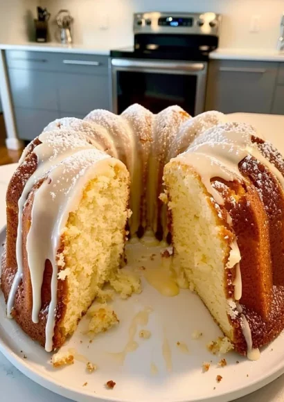 A slice of Mile High Pound Cake on a decorative plate