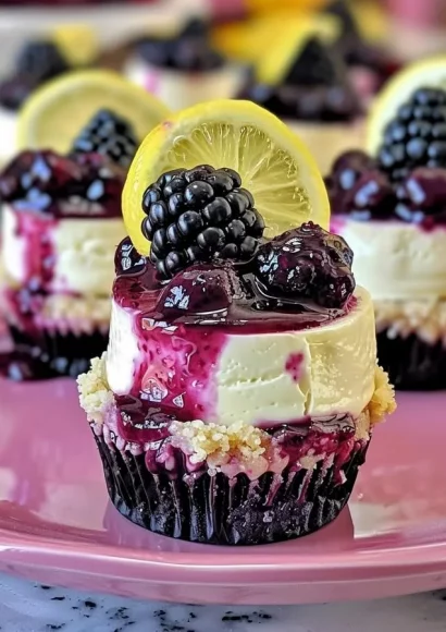 Mini lemon blackberry cheesecakes on a decorative plate