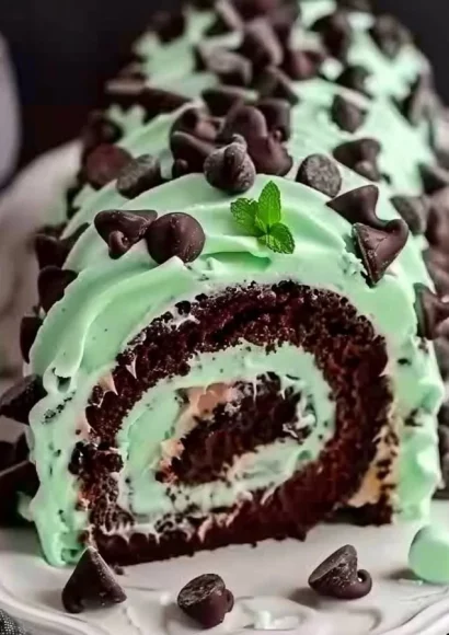 Mint Chocolate Chip Cake Roll dessert topped with chocolate chips and mint frosting