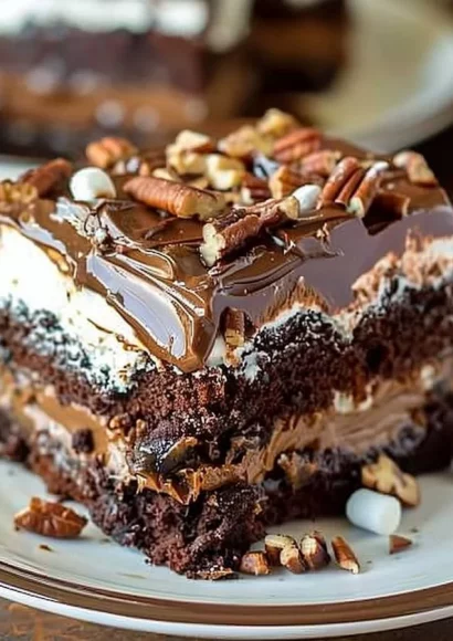 Delicious Mississippi Mud Cake topped with chocolate frosting and nuts