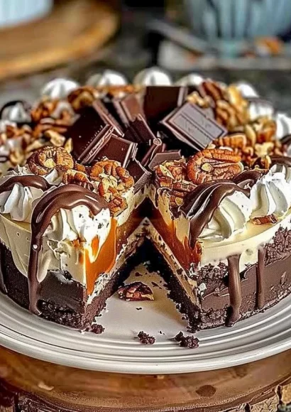 Delicious No-Bake German Chocolate Cheesecake topped with coconut and pecans