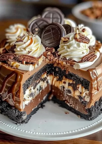 No-Bake German Chocolate Cheesecake topped with coconut and pecans.