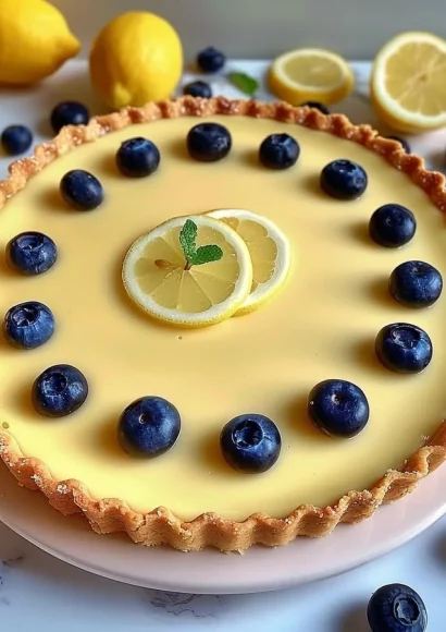 No-bake lemon tart with coconut and Biscoff crust on a white plate