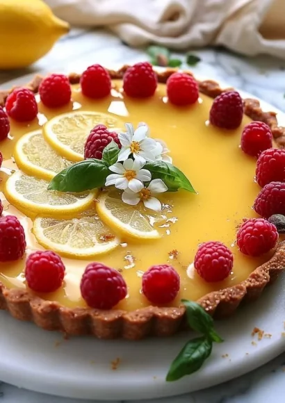 No-bake lemon tart with raspberries and basil served on a plate