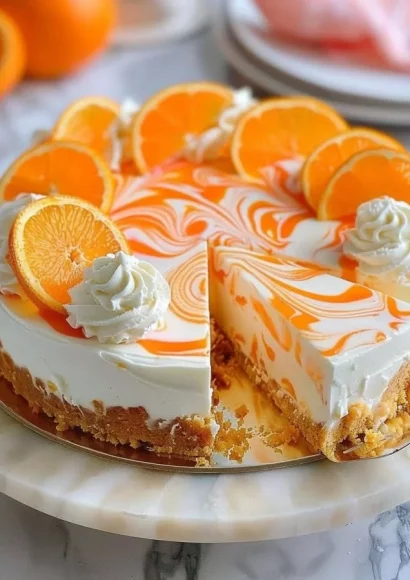 No-bake orange creamsicle cheesecake topped with orange slices and whipped cream