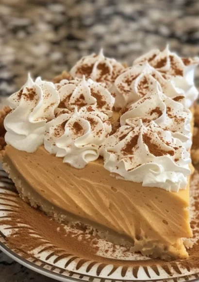 No-Bake Pumpkin Pie topped with whipped cream and nutmeg for a delicious dessert