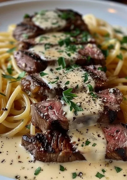Olive Garden Steak Gorgonzola Alfredo dish featuring creamy pasta and steak