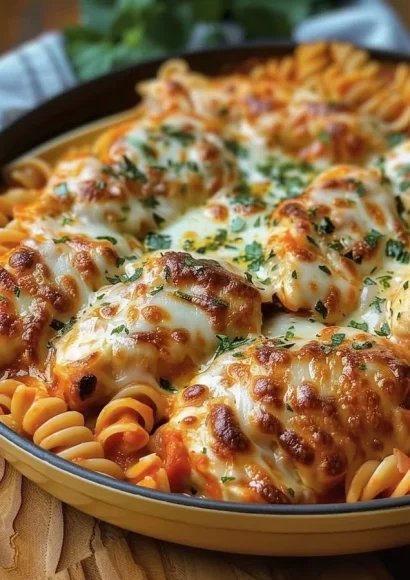 One-Pot Chicken Parmesan Pasta with cheese and herbs in a skillet