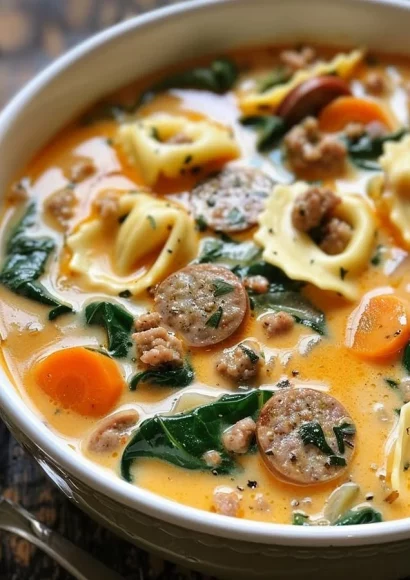 One-pot creamy sausage tortellini soup with spinach and sweet potatoes