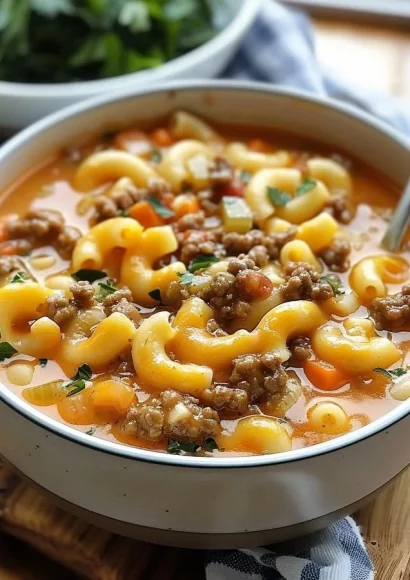 A bowl of creamy macaroni cheeseburger soup garnished with fresh herbs.