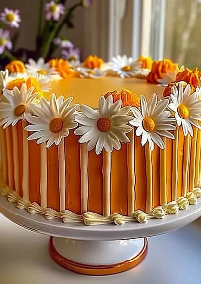 Orange Creamsicle Cake decorated with daisies, perfect for summer desserts.