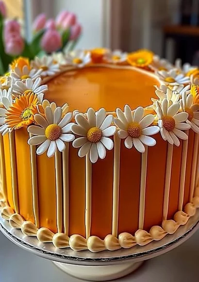Orange Creamsicle Cake with flower daisy decorations on top