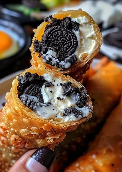 Oreo cheesecake egg rolls on a plate, drizzled with chocolate sauce