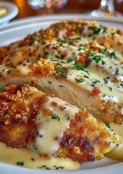 Delicious Parmesan Crusted Chicken served with herbs and vegetables.