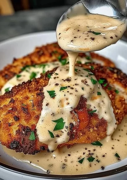 Parmesan Crusted Chicken served with creamy garlic sauce on a white plate.