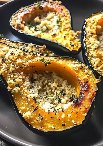 Parmesan Herb Roasted Acorn Squash with herbs and cheese on a plate
