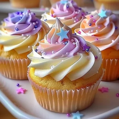 Pastel star cupcakes decorated with colorful star toppings for festive occasions.