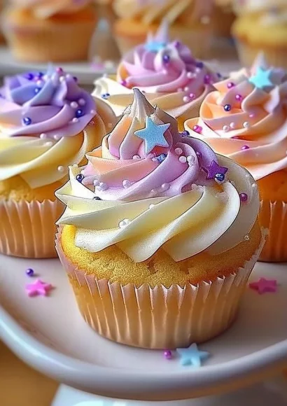 Pastel star cupcakes decorated with colorful star toppings for festive occasions.