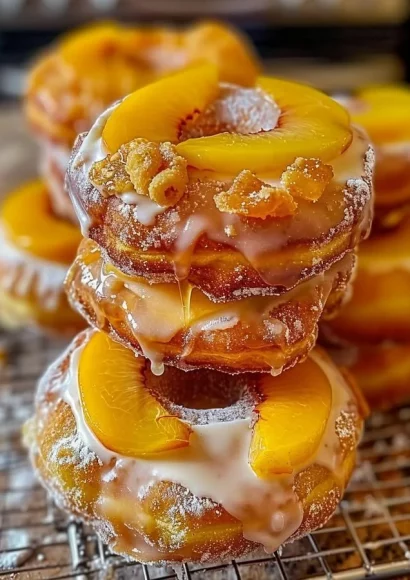 Delicious homemade peach cobbler cheesecake donuts topped with fresh peaches.