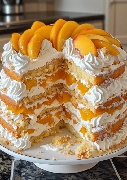 Peaches and Cream Layer Cake with fluffy layers and fresh peaches