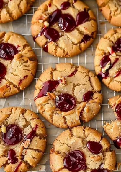 Freshly baked Peanut Butter and Jelly Cookies on a plate.