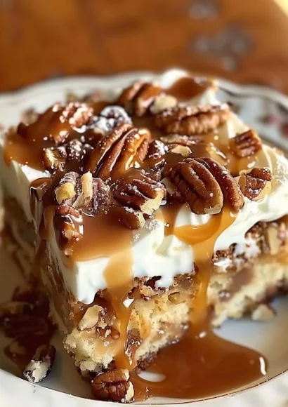 Slice of delicious Pecan Praline Poke Cake with creamy praline topping.