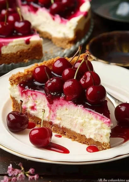 Delicious Philadelphia Cherry Cheesecake topped with bright cherries