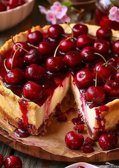 Delicious Philadelphia Cherry Cheesecake topped with fresh cherries