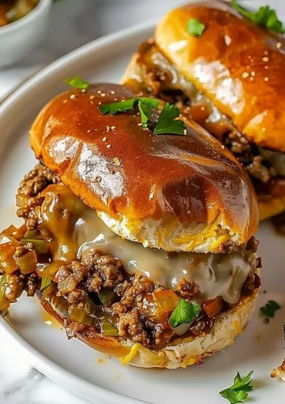 Philly cheesesteak sloppy joes served on a plate with garnishes