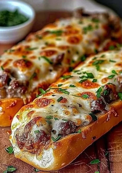 Philly Cheesesteak Stuffed Cheesy Breadsticks with melted cheese and juicy beef