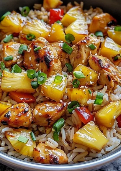 Delicious Pineapple Chicken served with rice, garnished with fresh herbs.