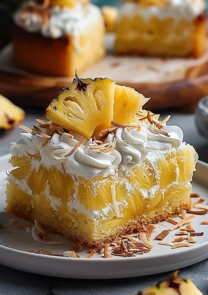 Deliciously moist Pineapple Coconut Cake topped with creamy frosting and pineapple slices.