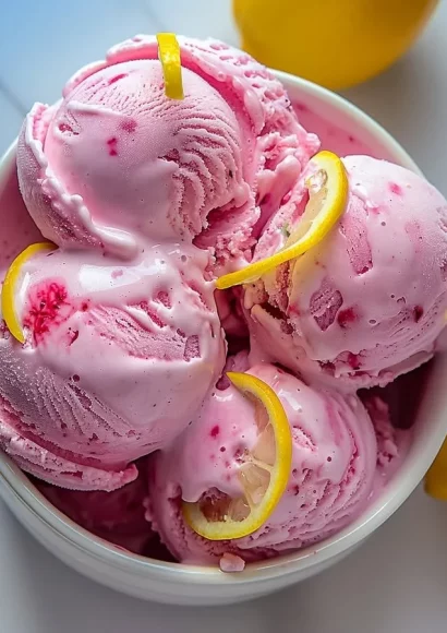 Delicious pink lemonade ice cream in a bowl topped with a lemon slice