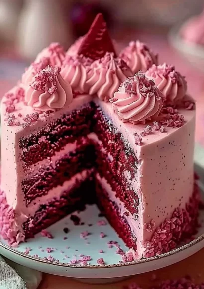 Pink Velvet Dream Cake topped with creamy frosting and decorative sprinkles.