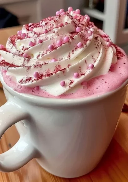 Pink Velvet Hot Chocolate for Valentine's Day topped with whipped cream and sprinkles