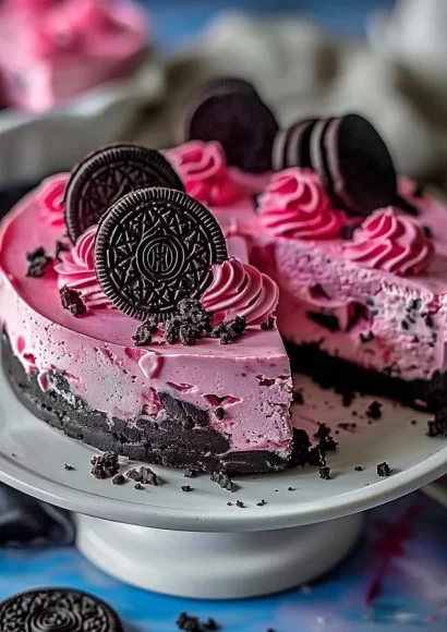 Pink Velvet Oreo Cheesecake with creamy layers and Oreo crust