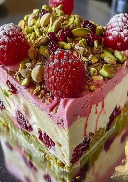 Pistachio Raspberry Cheesecake with vibrant raspberry topping and crushed pistachios