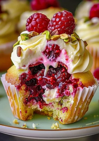 Pistachio raspberry cheesecake cupcakes displayed on a dessert table