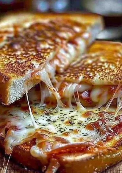 Deliciously melted Pizza Grilled Cheese sandwich with fresh toppings.