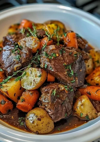 Delicious pot roast with carrots and potatoes served on a plate