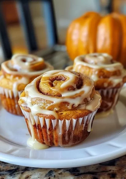 Freshly baked pumpkin cinnamon roll muffins with icing on a plate