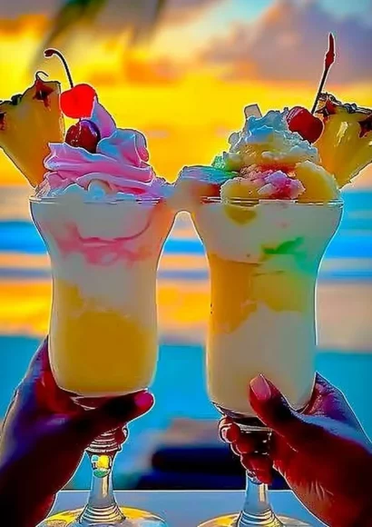 A colorful Rainbow Sherbet Piña Colada cocktail served in a tropical setting.