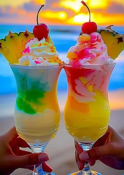 A colorful Rainbow Sherbet Piña Colada drink garnished with fruit.