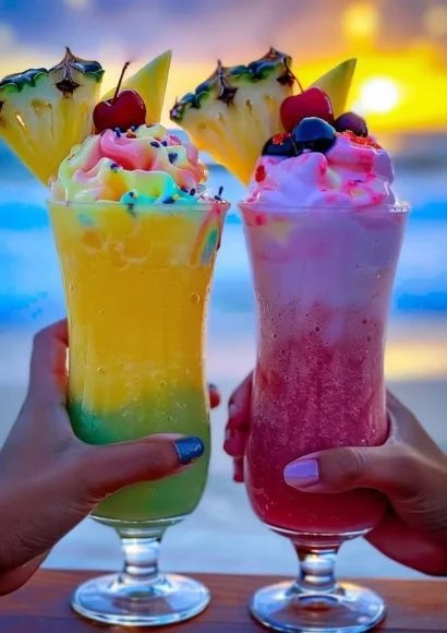 Rainbow Sherbet Pina Colada served in a glass with tropical fruits