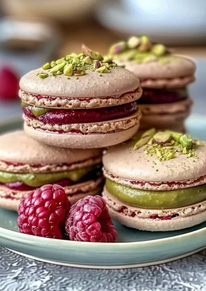 Delicious Raspberry Pistachio Macarons displayed on a elegant platter