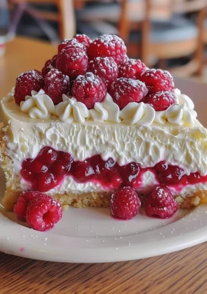 Slice of Raspberry Cheesecake Pie topped with fresh raspberries