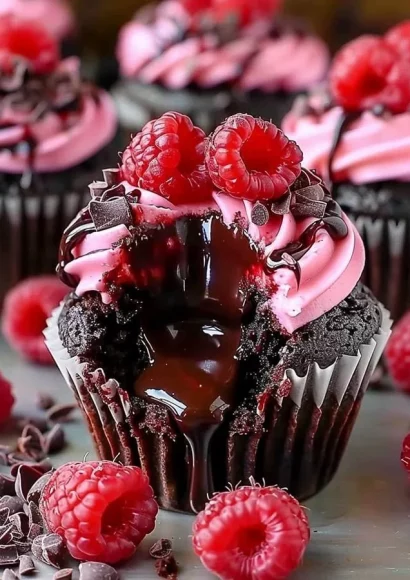 Raspberry Chocolate Lava Cupcakes with molten chocolate and raspberry filling