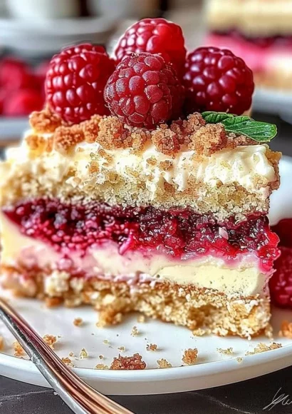 Delicious Raspberry Cream Cheese Coffee Cake topped with fresh raspberries