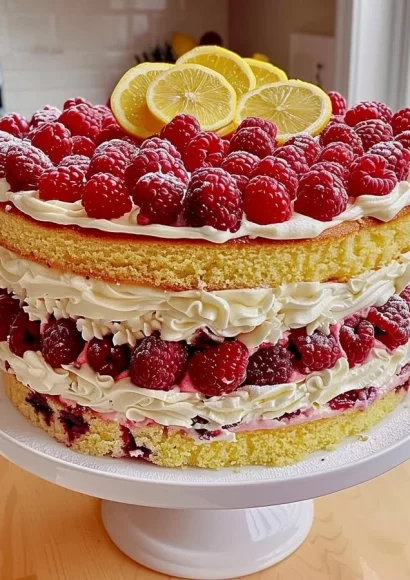 Raspberry Lemon Layer Cake with fresh raspberries and lemon icing