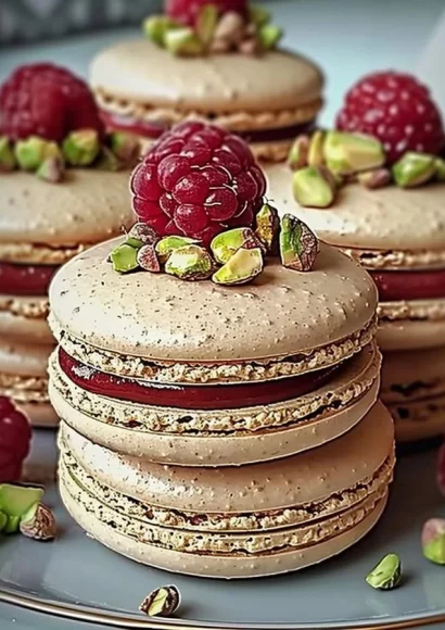 Raspberry Pistachio Macarons with vibrant colors and delicate texture